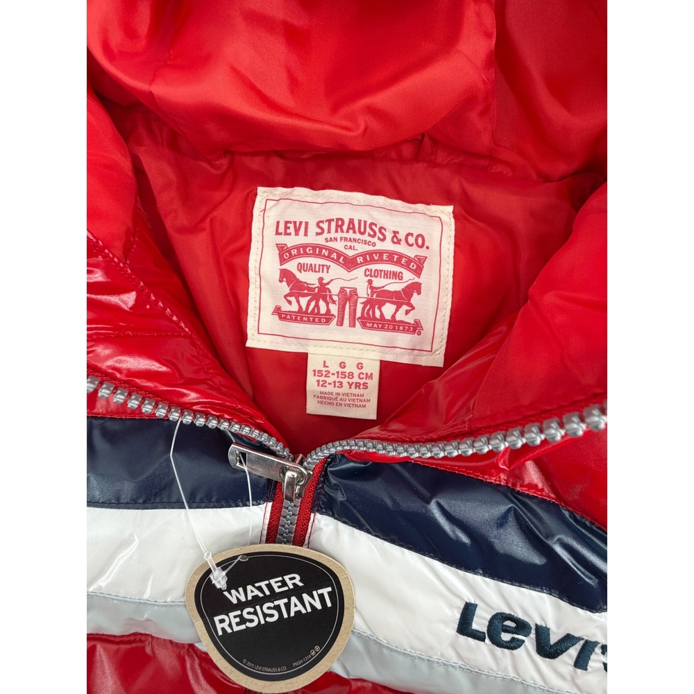 Levis Boys Red Water Resistant Puffer Jacket Hooded Glossy‎ Coat Large 12-13 YRS - Picture 5 of 5